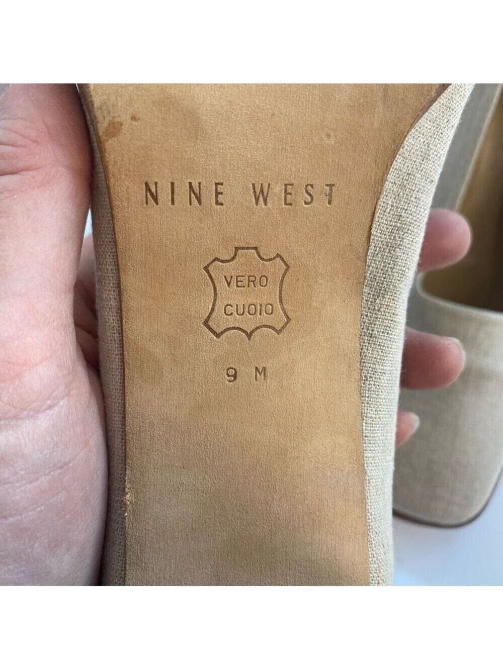 Nine West Beige Tan Linen Like Fabric Shoes Pump Square Toe Wood Block Heel Wome - Picture 9 of 11